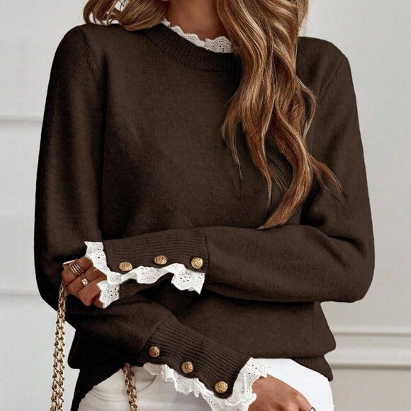 Brown Casual Women's Apricot Floral Trim Sweater - Picture 3 of 6